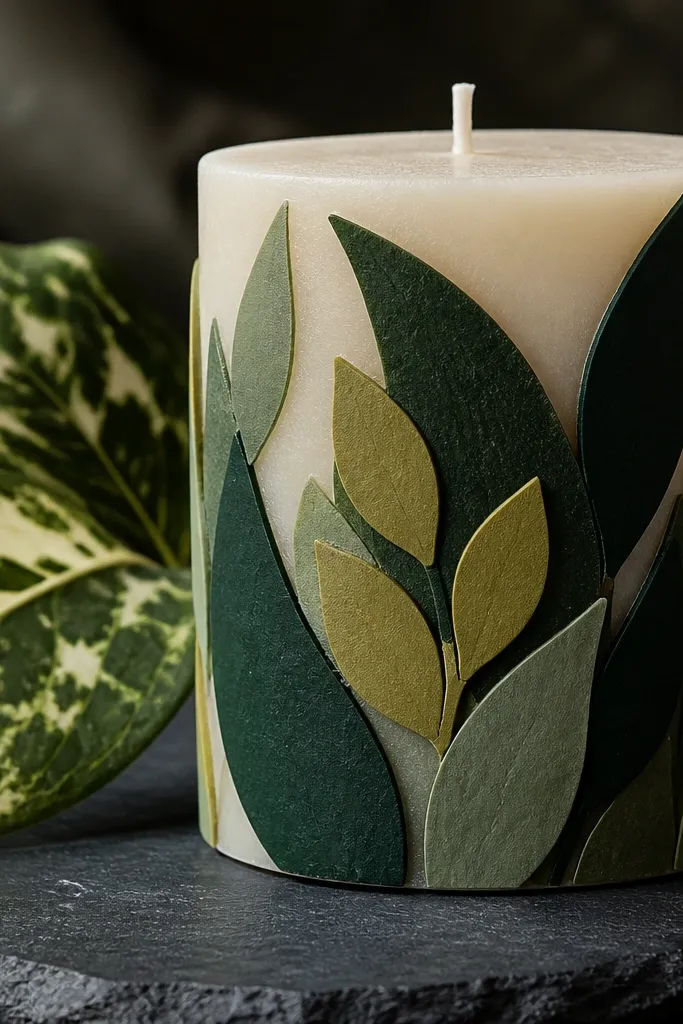 Multiple layered leaf silhouettes in green shades on a candle with a dark base