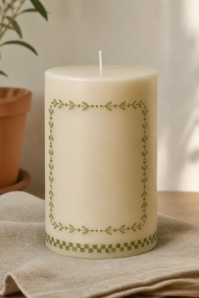 Candle with a thin botanical border and simple leaf pattern along the sides