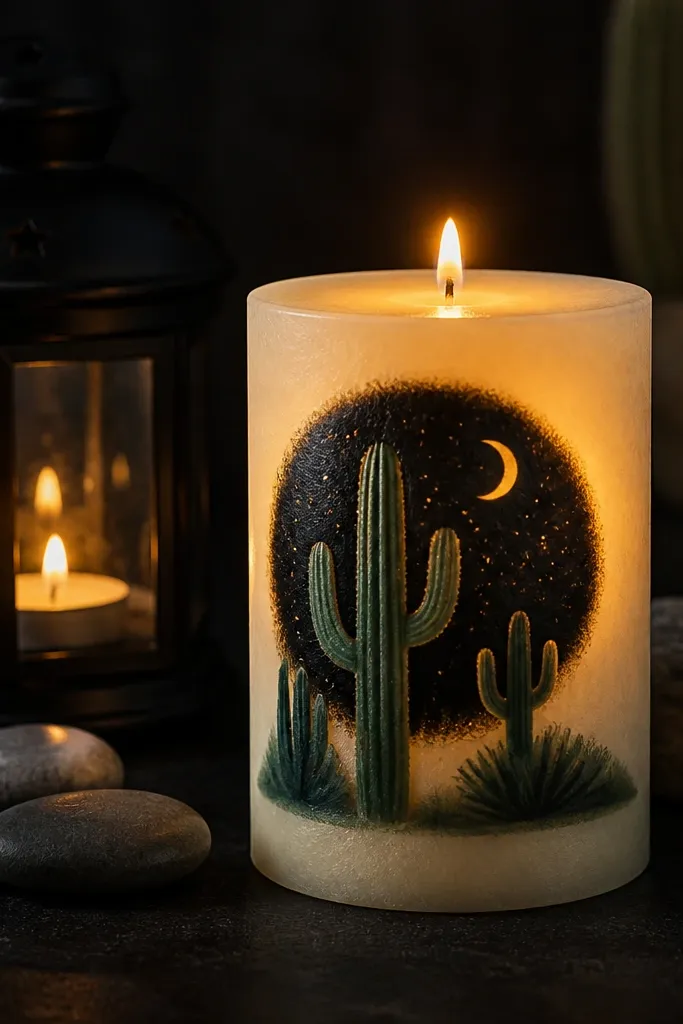 Dark green cactus shapes with a glowing light circle behind them on a candle