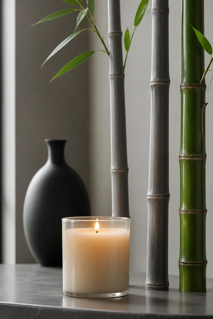 Two bamboo stalks with node rings painted in green on a cream candle