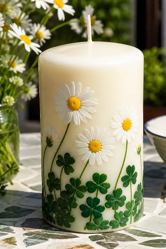 White daisies and small clover leaves with green stems painted on a candle