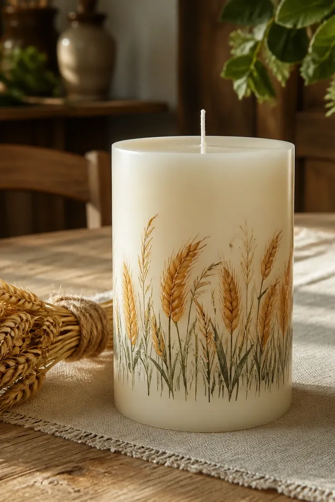 Tall wheat stalks and wild grass painted in gold and green on a candle