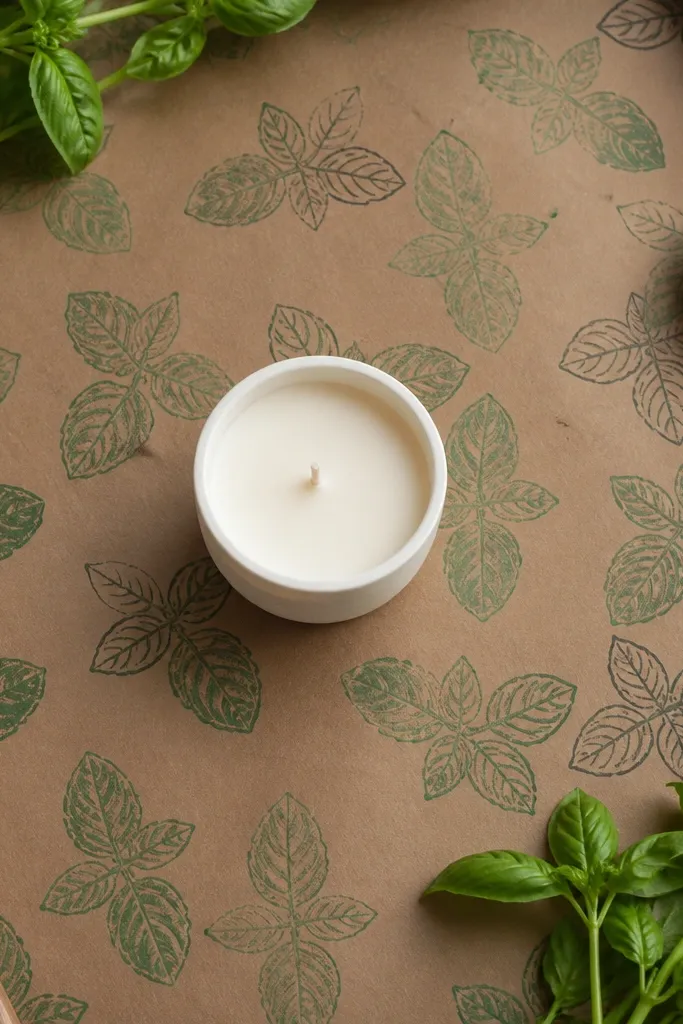 Repeating basil leaf stamp pattern in green on a cream candle