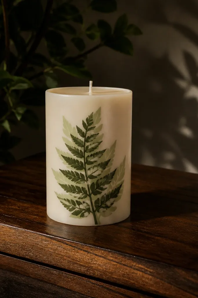 Dark green leaf silhouette with a soft lighter shadow effect on a candle