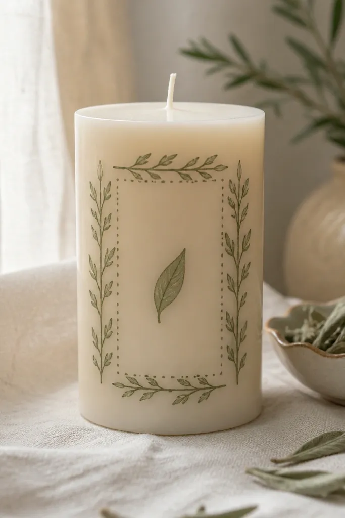 Thin herb frame with tiny cross-stitch style dots around a leaf on a candle