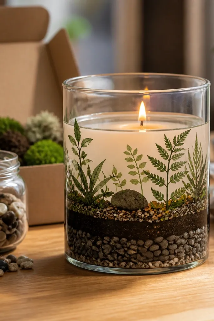 Glass jar candle painted with layered soil, pebbles, and small plant shapes