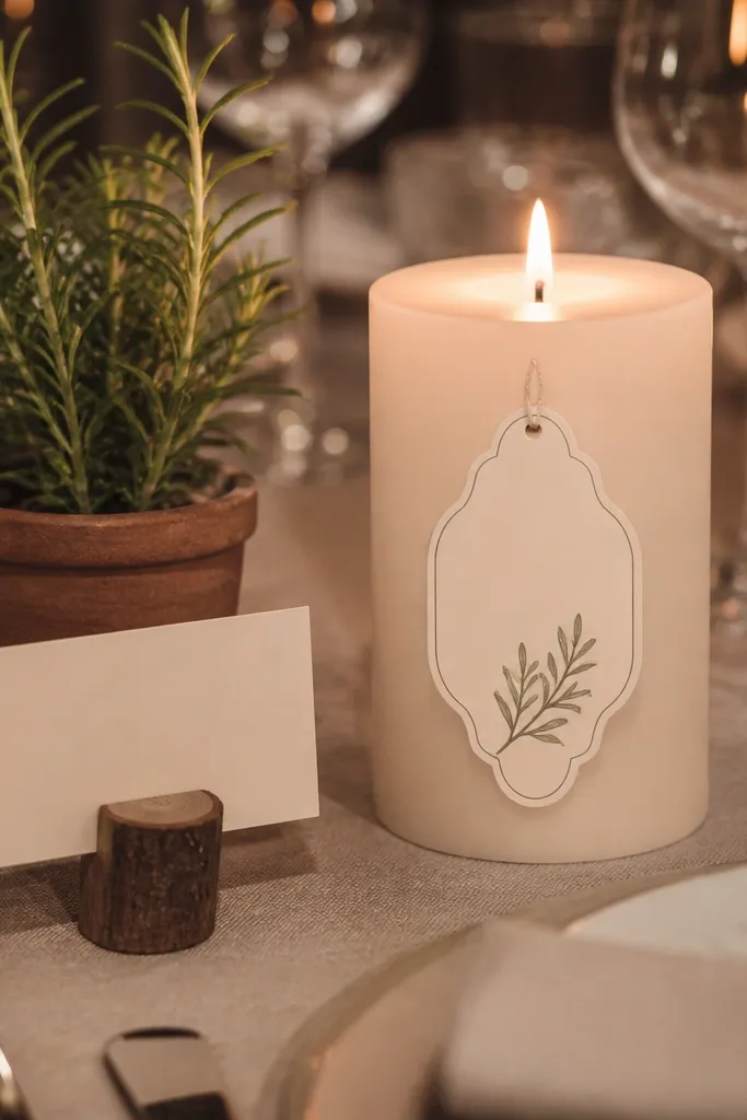 Candle with a painted plant name tag and small leaf sprig graphic