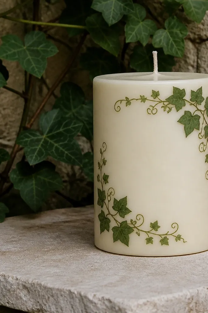 Corner ivy vines with small leaves climbing up a candle on a light background