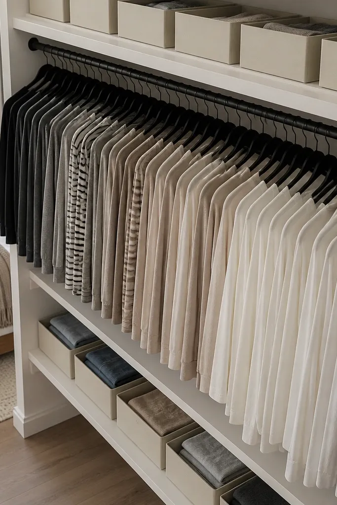 Black hangers with cream shelves and evenly spaced folded clothes