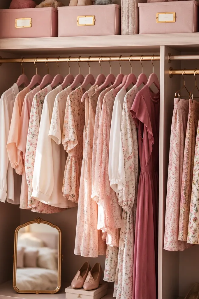 Dusty rose bins and gold labels with a tidy hanging rack