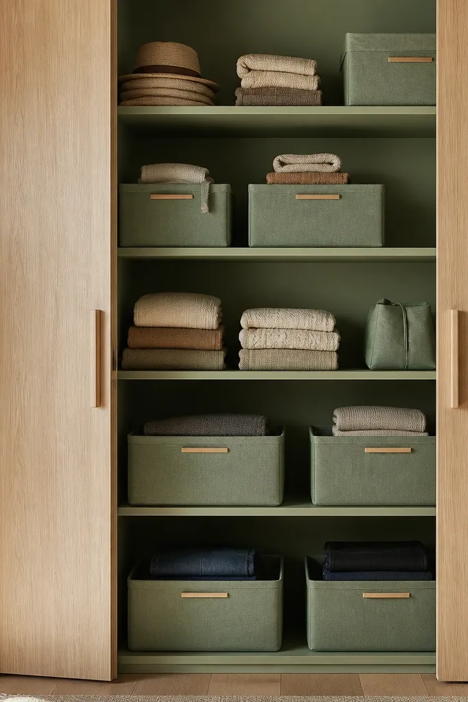 Sage-green bins and light wood shelves with neatly folded stacks