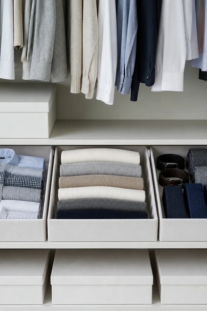 White fabric storage drawers and neatly hung clothes with uniform spacing
