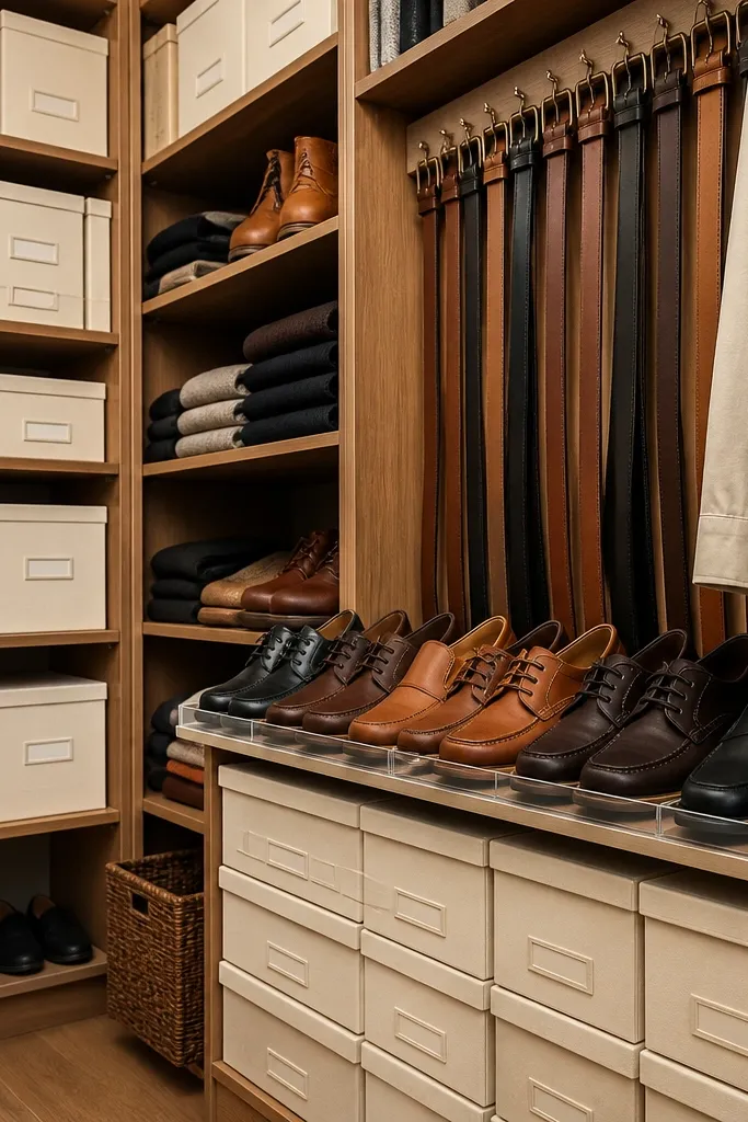 Stacked shoe boxes with cream labels and a tidy accessory organizer