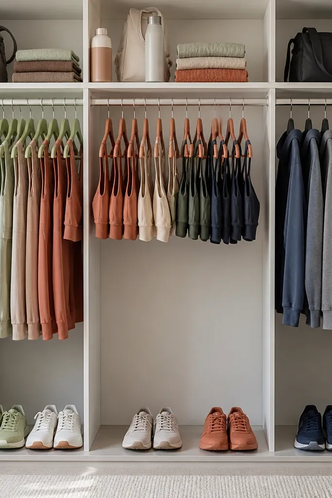 Muted color bins and neatly folded workout sets in labeled sections