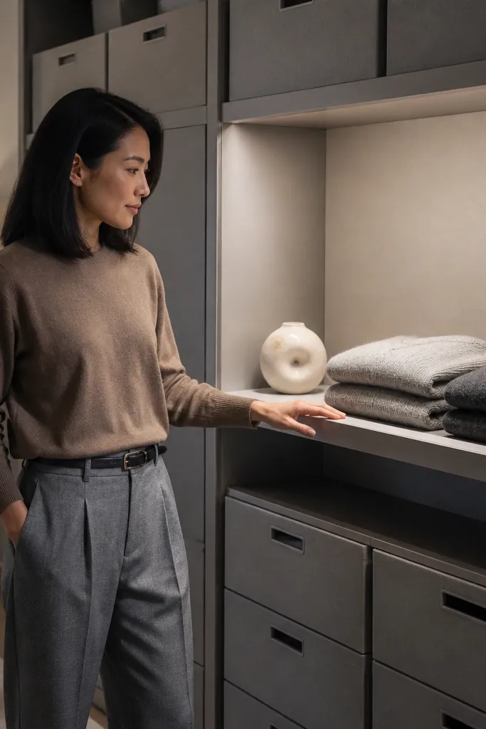 A top display shelf with folded hero knits and styled decor