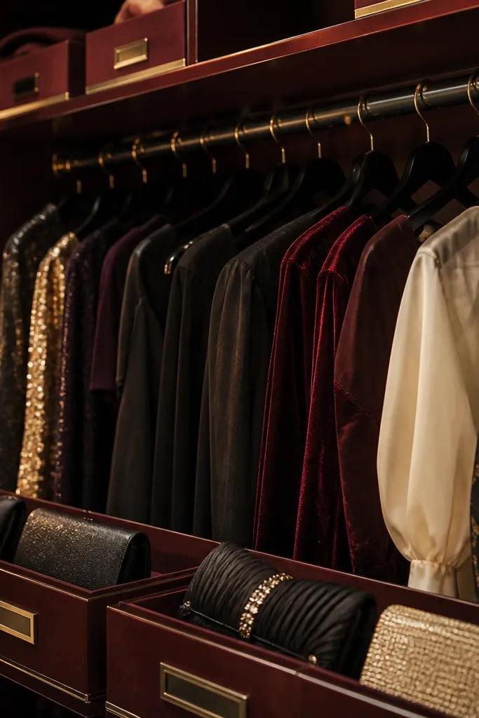 Dark red bins with brass labels and a neatly hung evening rack
