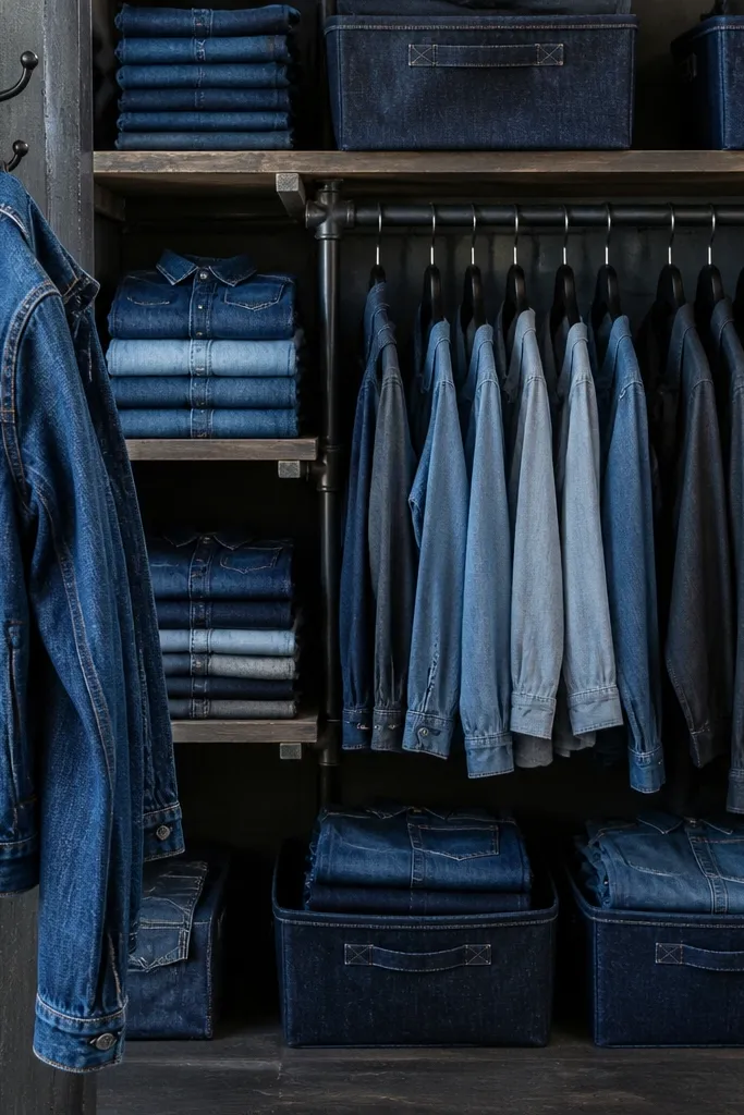 Indigo bins and stacked folded denim in a uniform closet palette