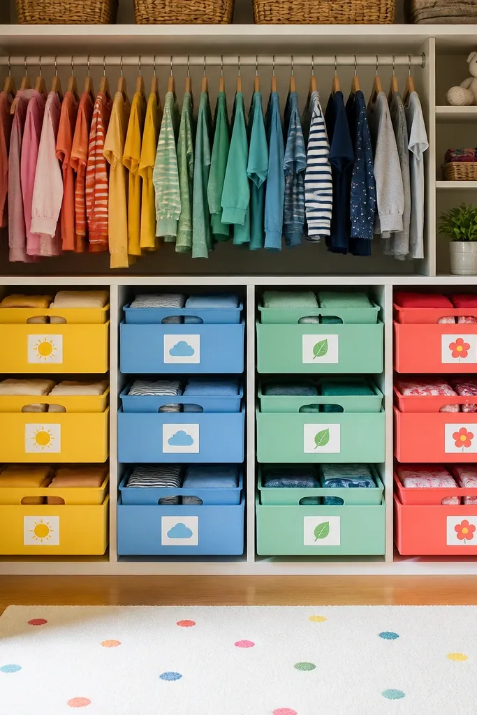 Bright drawer fronts with simple picture labels and neatly folded kids clothes