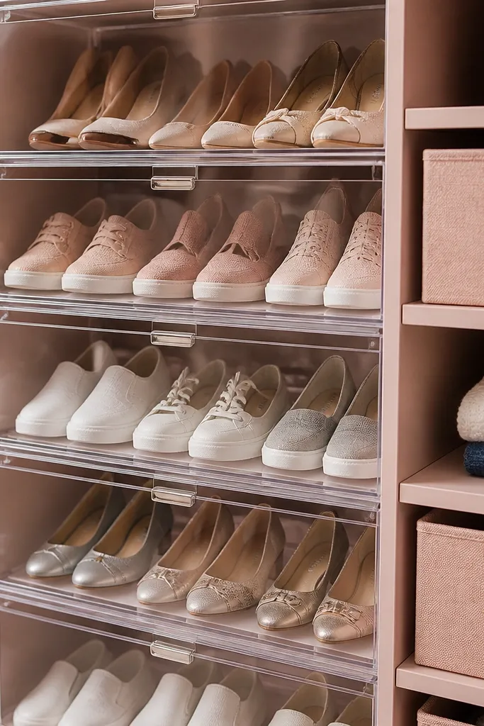 Blush-toned bins with clear shoe compartments and matching labels