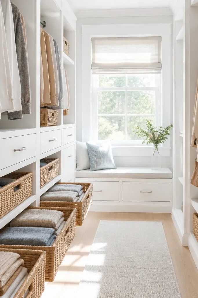 White closet interior with wicker pull-out baskets and uniform folded piles