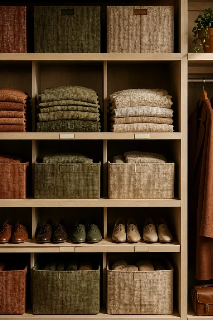 Earth-toned bins with minimal labels and evenly stacked folded clothes