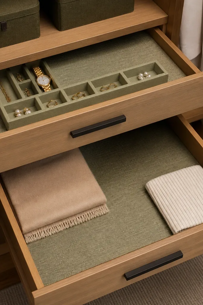 Olive ombre drawer liners with small jewelry trays under hanging clothes