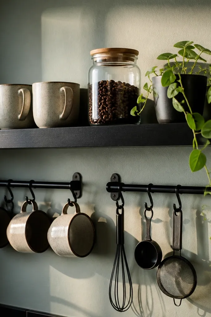 Sage-green shelf with black mugs, a small plant, and warm light under the shelf