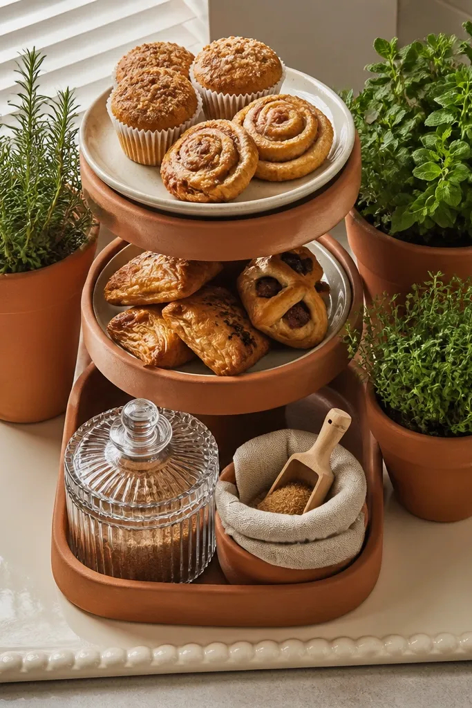 Cream tray holding coffee jars with terracotta pots and a small tiered stand