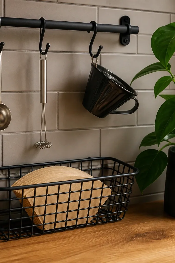 Black peg rail with hanging mugs, wire baskets, and a small plant on the counter