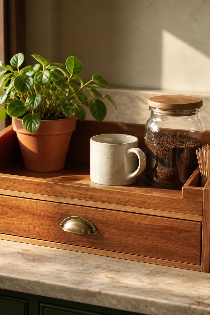 Warm wood box coffee station with a drawer for supplies and a small plant on top