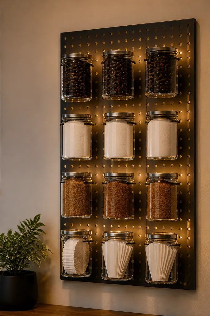 Small wall grid holding glass coffee jars with warm LED behind them and a plant nearby