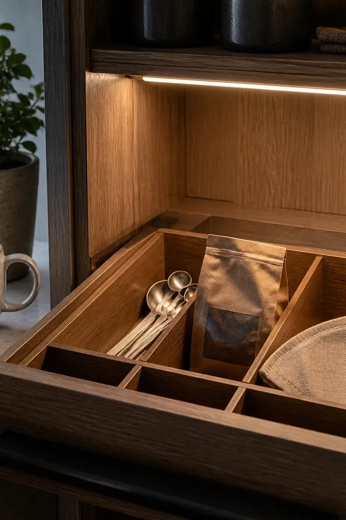 Drawer organizer on a counter with a plant and warm light under a cabinet shelf