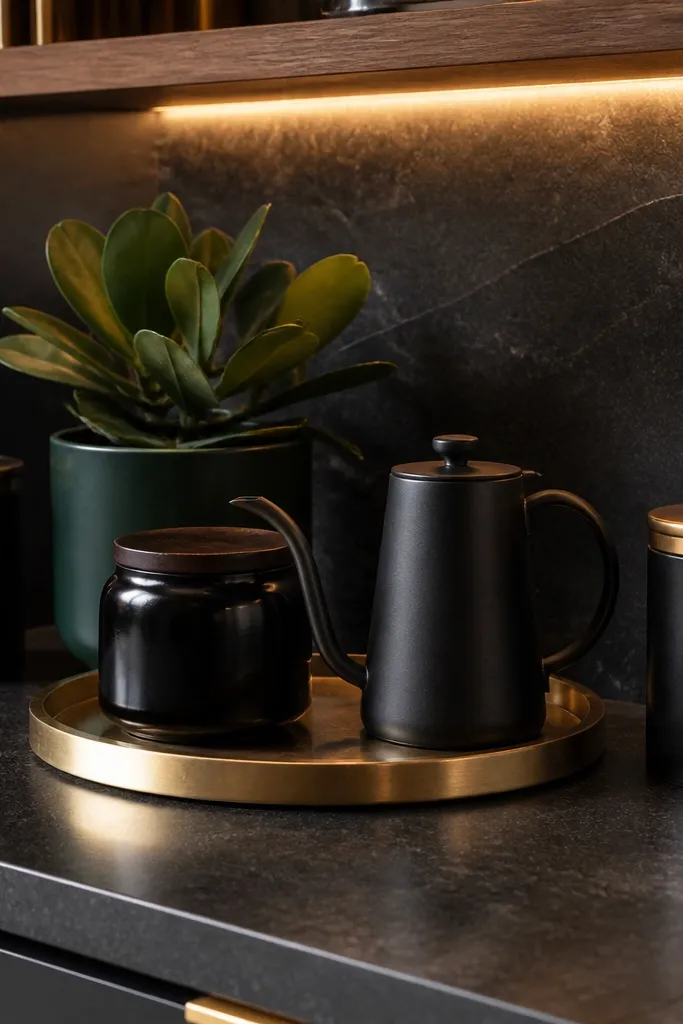 Dark coffee station with brass tray, black jars, warm plant, and soft lighting