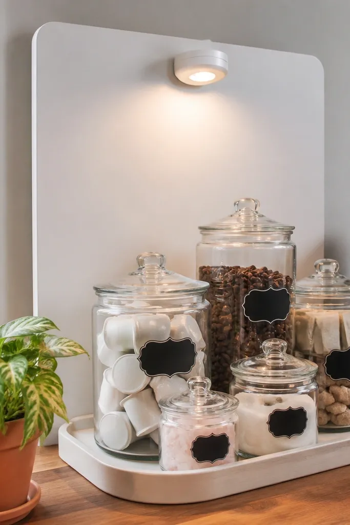 White board with chalk labels above a coffee station tray and a small plant corner
