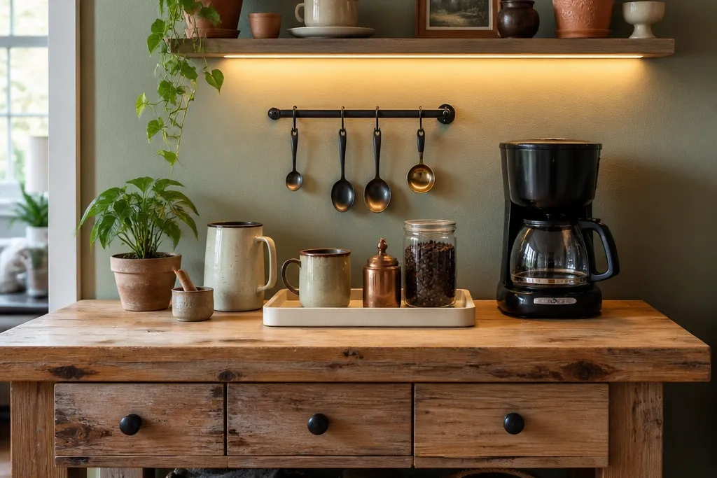 Themed Coffee Station Ideas With Plants, Storage, and Lights