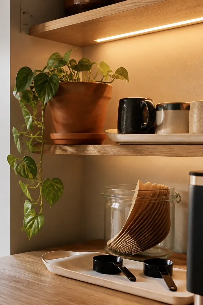 Themed Coffee Station Ideas With Plants, Storage, and Lights