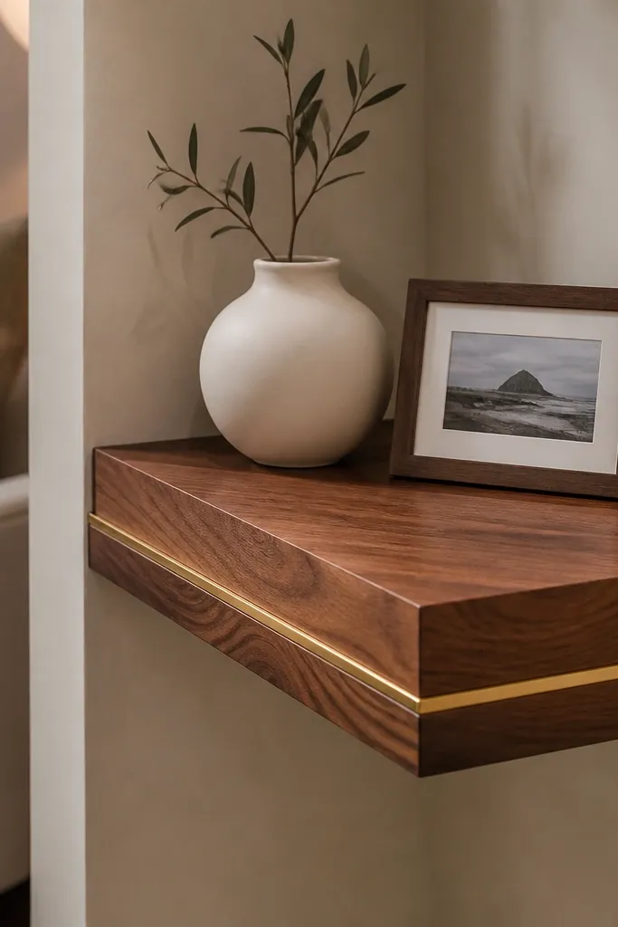 Dark walnut corner shelf with a thin brass edge and small framed photos