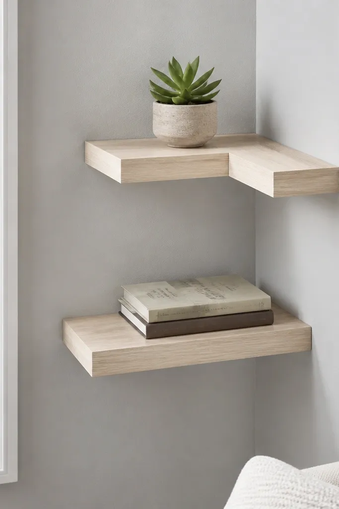 White oak L-shaped floating shelves painted off-white wall with books and a ceramic vase
