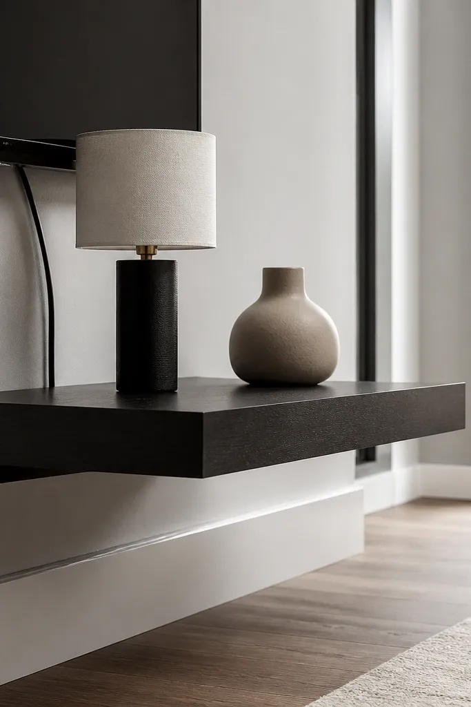 Black corner floating shelf with a small hidden cable slot and a minimalist decor stack