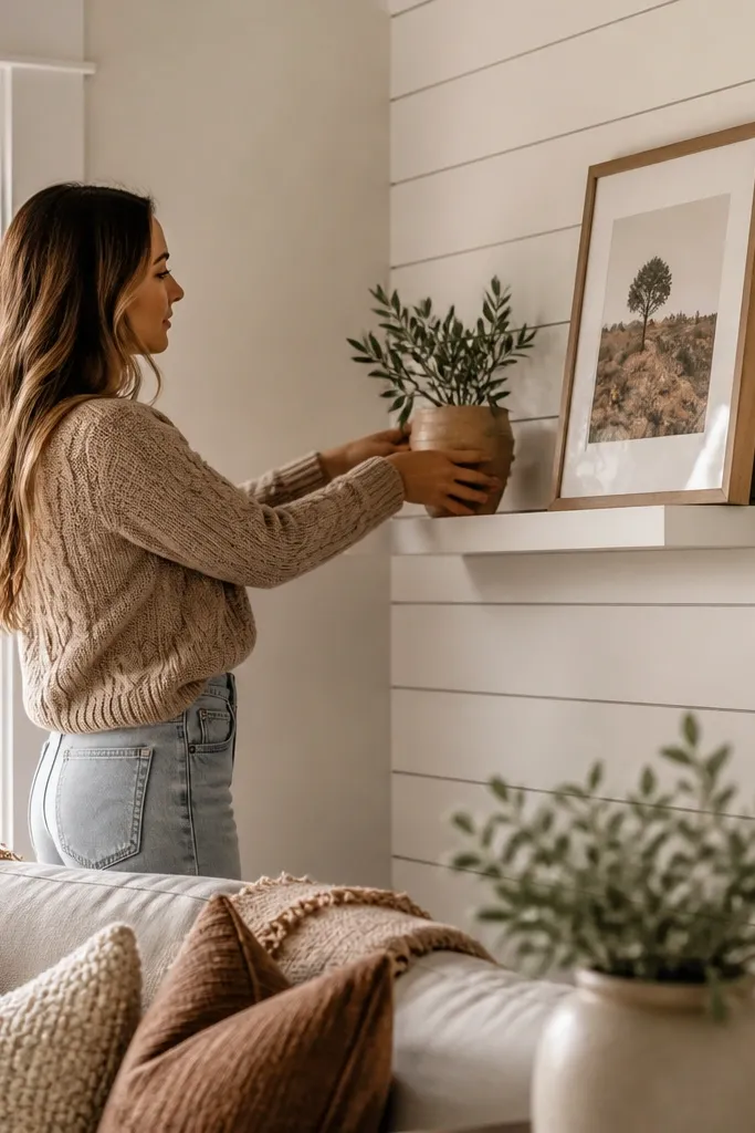 Corner floating shelf with subtle shiplap texture and white decor on a neutral wall