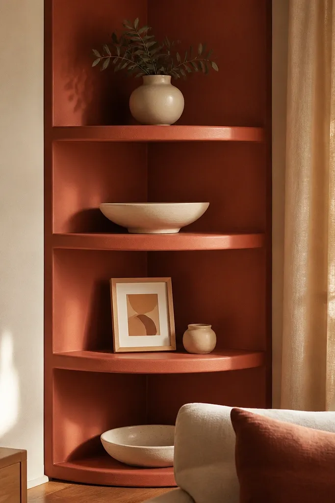 Corner floating shelf with rounded front edge painted terracotta and small pottery decor