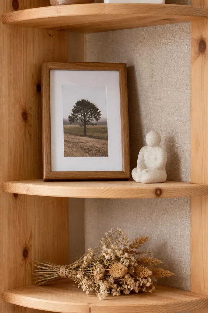 Natural pine corner shelf with clear finish and a light linen panel behind decor