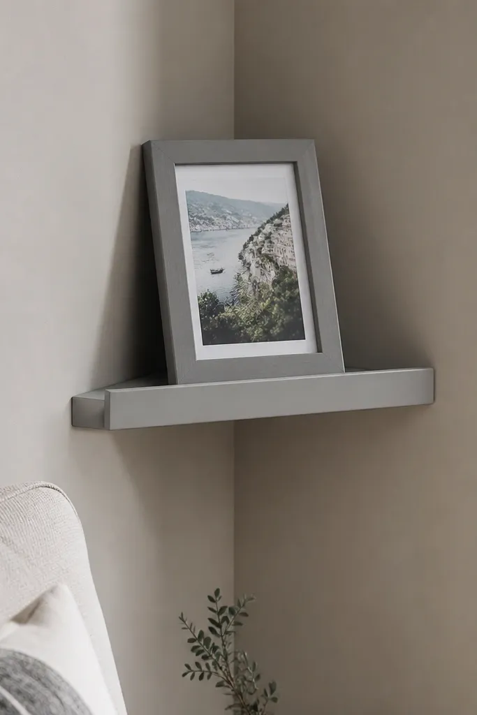 Cement-gray corner floating shelf with a small lip and framed photos lined up