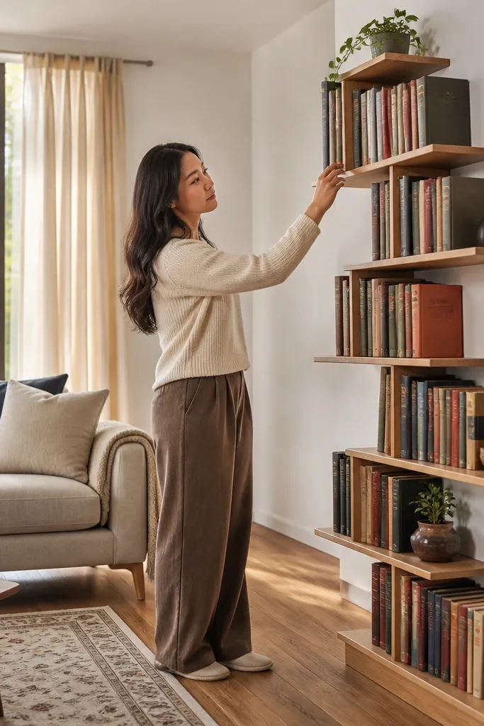 Staggered corner floating shelves with book spines and a small brass object