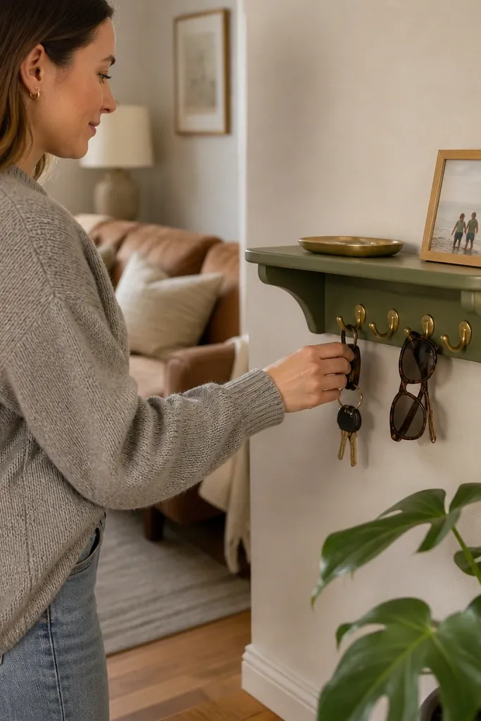 Olive green corner floating shelf with brass pegs under holding keys and small tools
