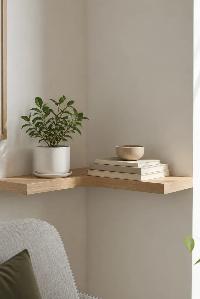 Light oak corner floating shelf with black hidden supports and minimalist decor