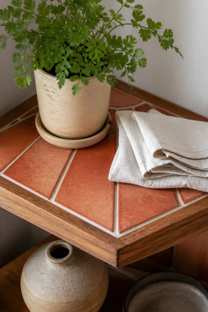 Corner floating shelf with a terracotta tile inlay top and neutral decor