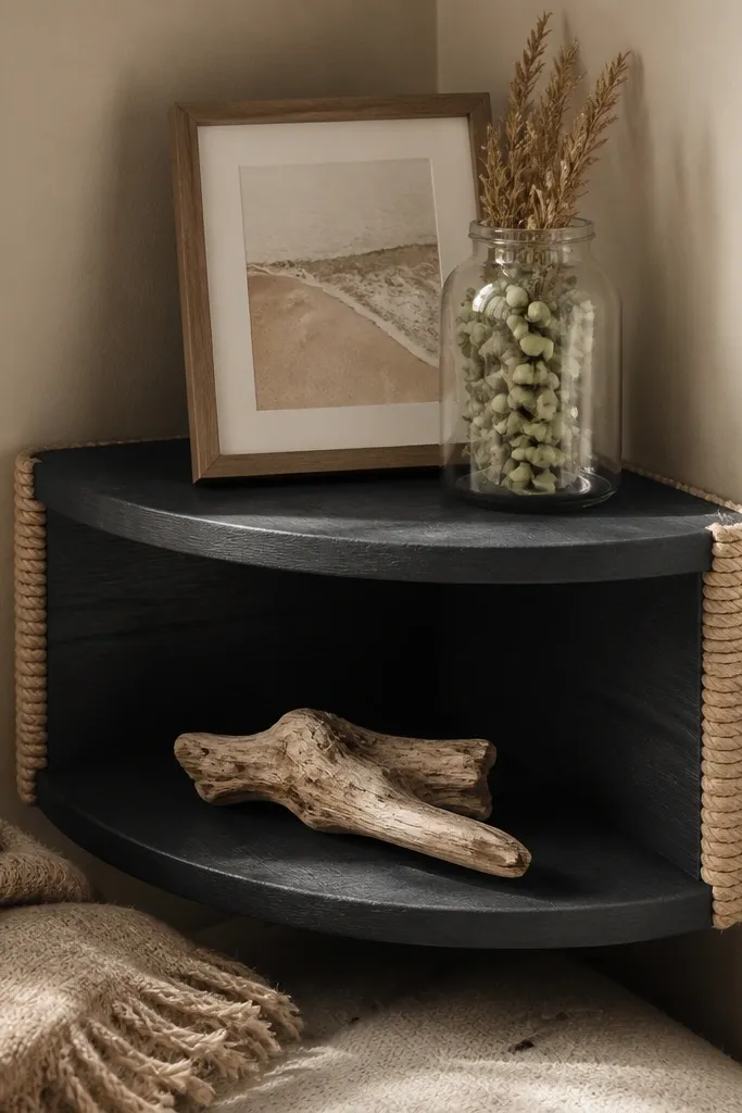 Charcoal corner floating shelf with a rope-wrapped side and coastal decor