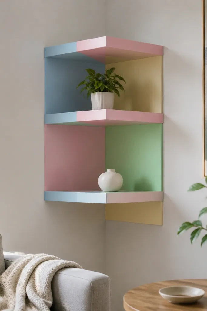 Corner floating shelf with pastel vertical color blocks and small framed art