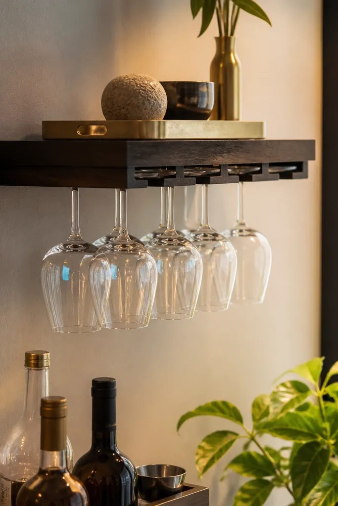 Corner floating shelf with hidden glass holder and two framed prints